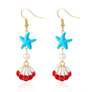Golden sea star and shell drop earrings with pearls for beach style summer jewelry