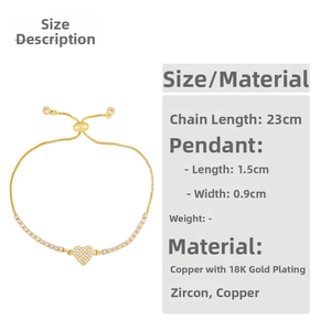 Détails du bracelet ajustable plaqué or 18 carats avec chaîne de 23cm et cœur en zircon