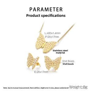 Detailed size parameters for golden butterfly necklace and earrings set in stainless steel