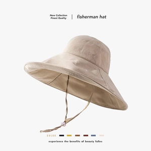 Women Wide Brim Bucket Hat Cotton Linen Breathable Foldable UV Protection Summer Beach Sun Hat With Windproof Rope