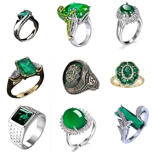 Retro Green Cubic Zirconia Ring For Men Women Vintage Alloy Geometric Rectangle Gemstone Jewelry