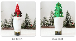 Christmas reindeer gnome wine bottle covers in red and green felt for festive table decor