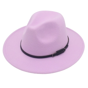 Elegant lavender wide-brim wool fedora hat with black leather strap and metal buckle