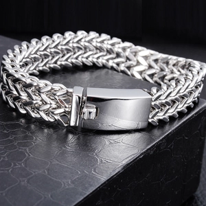 Men's silver stainless steel dragon bone bracelet with double-row chain and polished buckle