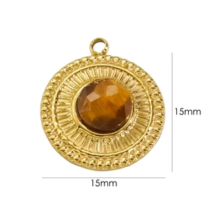 Detailed view of 15mm round faceted amber stone pendant with 14K gold plated frame