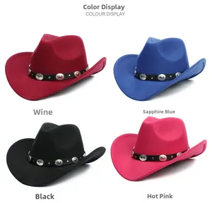 Detail display of western cowboy felt hats in wine, sapphire, black and hot pink with rivets