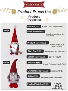 Detailed view of handmade plush Christmas gnomes with dimensions and felt material specs