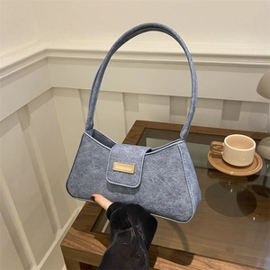 Women Retro Baguette Bag PU Faux Suede Solid Color Underarm Shoulder Bag With Metal Buckle