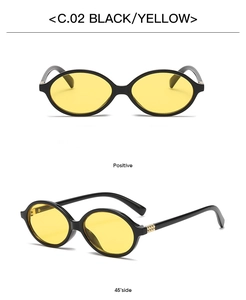 Front and 45-degree side view of oval retro sunglasses with black frames and yellow lenses