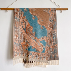Ethnic paisley cashmere feel pashmina shawl with tassel fringe in blue and brown colors