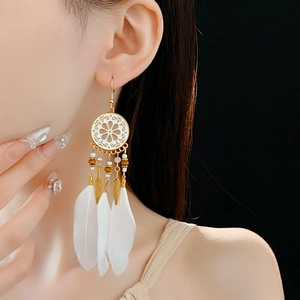 Détail des boucles d'oreilles attrape-rêves avec plumes blanches et motifs dorés