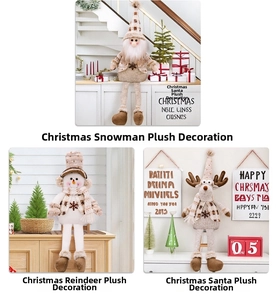 Three plush Christmas figurines featuring Santa, Snowman and Reindeer in a home setting