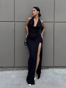 Abito Lungo Elegante Con Scollo All'Americana Schiena Scoperta Spacco Alto Scollo A V Profondo Per Feste