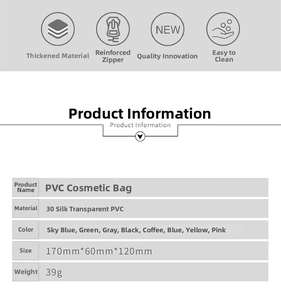 Detailed product specifications for transparent PVC cosmetic bag with size and color data