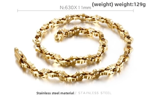 Macro detail of 11mm wide gold-plated stainless steel geometric link chain for men