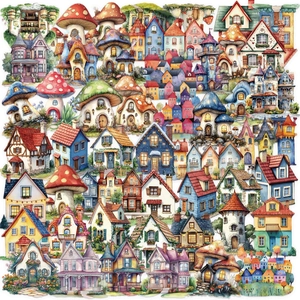Autocollants de Château de Conte de Fées en PET Transparent Imperméable Décalcomanies de Maison Champignon pour Journal Scrapbooking