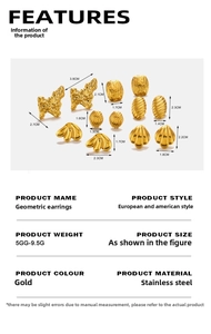 Detailed size guide for gold geometric stainless steel earrings with textured finish