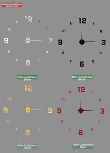 Detail view showing DIY acrylic wall clock in silver, black, gold and red color options