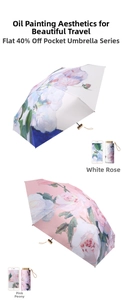 Flat six-fold pocket umbrella with floral oil painting print compared to smartphone size