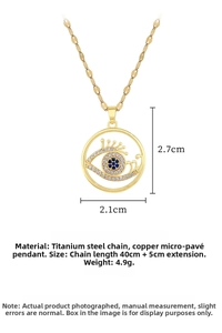 Detailed size view of gold Evil Eye necklace with micro-pave crystals and blue zircon
