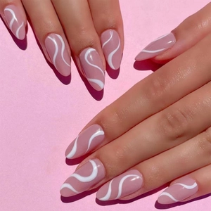 Pink Press On Nails Minimalist French Style Almond Shape White Wave Pattern Detachable Artificial Nail Tips For Women