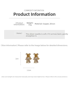Detailed specs of gold-plated bear earrings with cubic zirconia and silver needles
