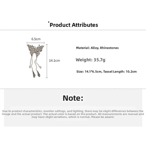 Detail showing dimensions of rhinestone butterfly hair claw clip with elegant tassels