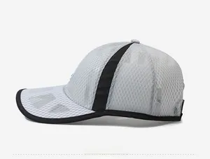 Side view of lightweight gray mesh baseball cap showing breathable texture and sport design