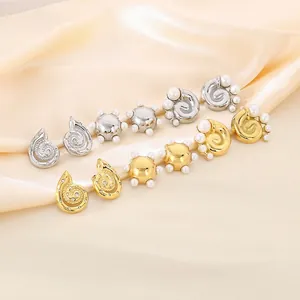 Spiral Vortex Artificial Pearl Stud Earrings Vintage Geometric 18K Gold Plated Stainless Steel Rhinestone Jewelry For Women