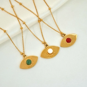 Polished stainless steel evil eye necklaces with colorful natural stones on white silk