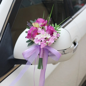 Pink and purple artificial rose bouquet for wedding car mirror with purple ribbon bow