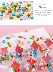 Detail showing the 3.5x coin thickness of festive Christmas erasers in gift packaging