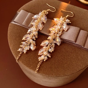 Macro detail of Bohemian gold tassel earrings with crystal beads on velvet gift box