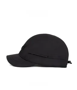 Side view of black quick-dry short-brim baseball cap with embroidery and drawstring