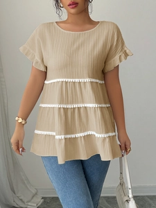 Elegant khaki short sleeve blouse with layered ruffles and white lace trim detail