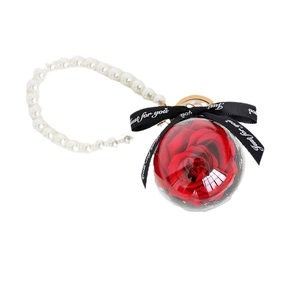Preserved red rose keychain in transparent globe with black ribbon and white pearl chain