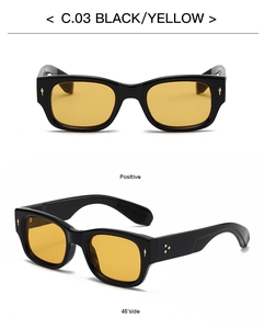 Front and 45-degree angle detail of black rectangle sunglasses with yellow lenses and rivets