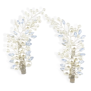Handmade bridal hair clips with white pearls and blue crystals on a silver wire