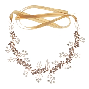 Detail of golden hair vine with crystal leaves and white pearls on white background
