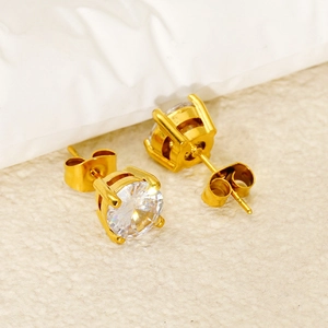 Golden stainless steel stud earrings with round cubic zirconia in a classic 4-prong setting