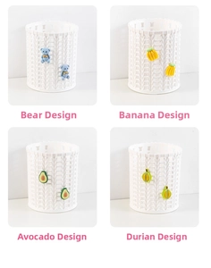 Detailed grid of white cylindrical desk organizers with knitted textures and cute 3D charms
