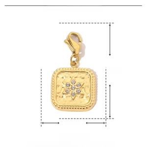 Detailed view of gold square pendant dimensions 27mm x 14mm with rhinestones