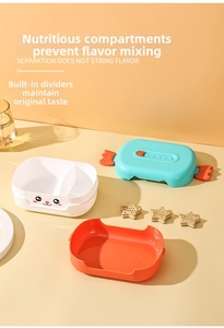 Detail of multi-compartment cartoon lunch box with cute animal design and split layers