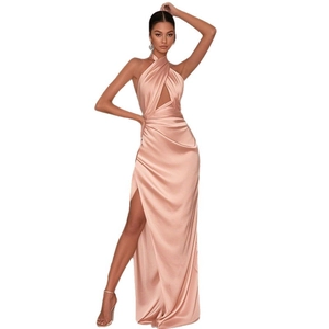 Elegant champagne satin halter neck maxi dress with front cutout and high side slit