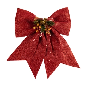 Sparkling red Christmas bow with pine cones and gold berries for tree decoration
