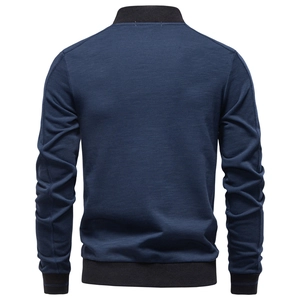 Men's navy business casual bomber jacket with black ribbed collar shown from the back view