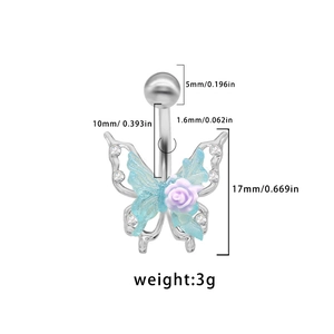 Silver belly ring with light blue butterfly and purple rose petals with rhinestones