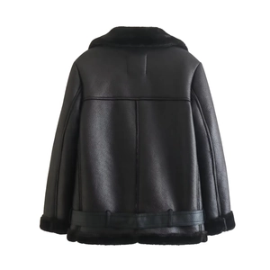Detail view of the black leather jacket back with soft faux fur lining and premium textures