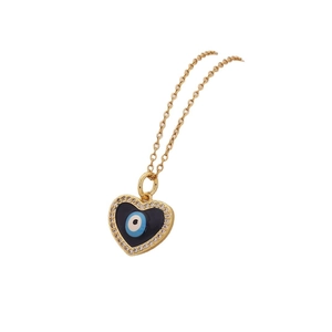 Gold evil eye heart pendant necklace with blue eye and crystal accents on a thin chain