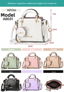 Detailed view of women's handbag dimensions and internal structure showing the 6 color options